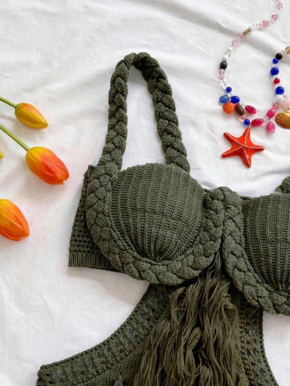 Army Green Sexy Women's Spaghetti Strap Braided Mini Dress - Festival Outfit - Picture 5 of 7